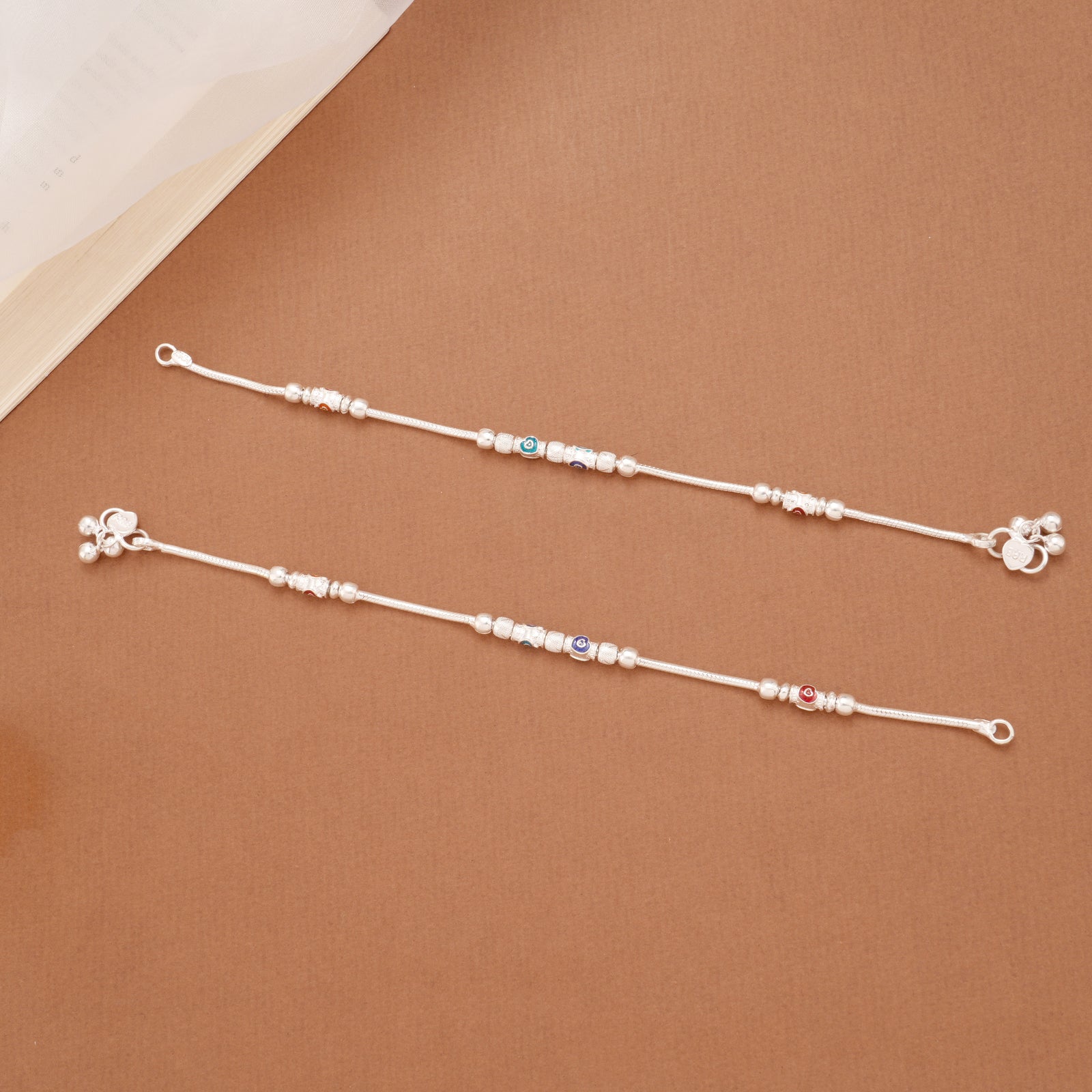Multicolour Heart Enamel Beaded Silver Anklets