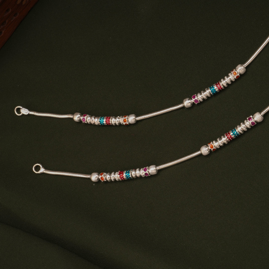 Colourful Enamel Square Beaded Design Silver Anklets