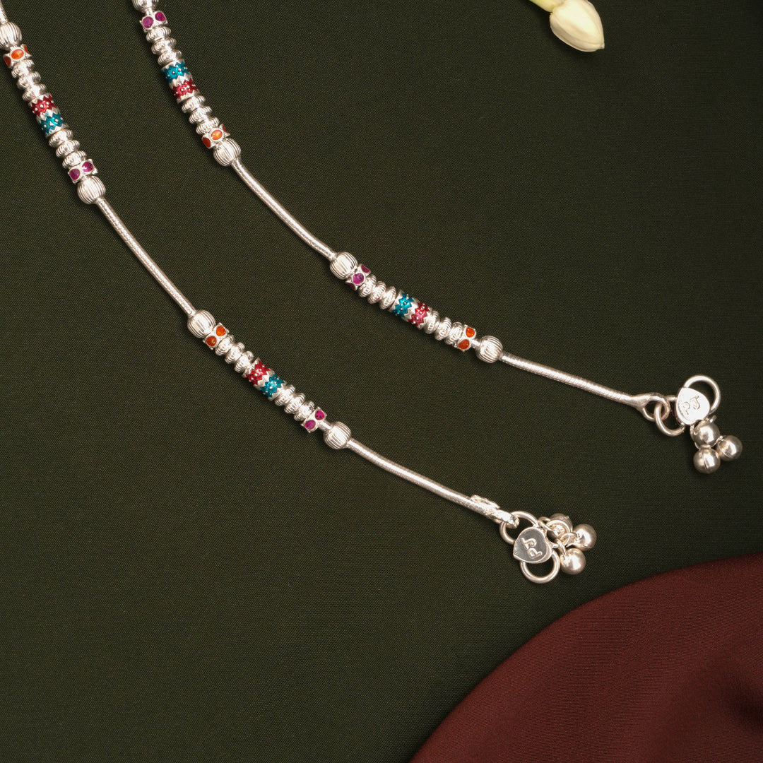 Colourful Enamel Square Beaded Design Silver Anklets