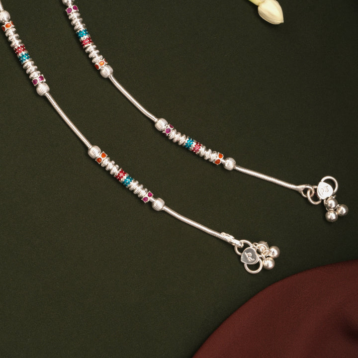 Colourful Enamel Square Beaded Design Silver Anklets