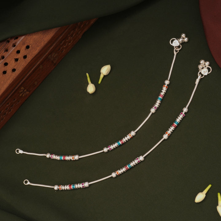 Colourful Enamel Square Beaded Design Silver Anklets