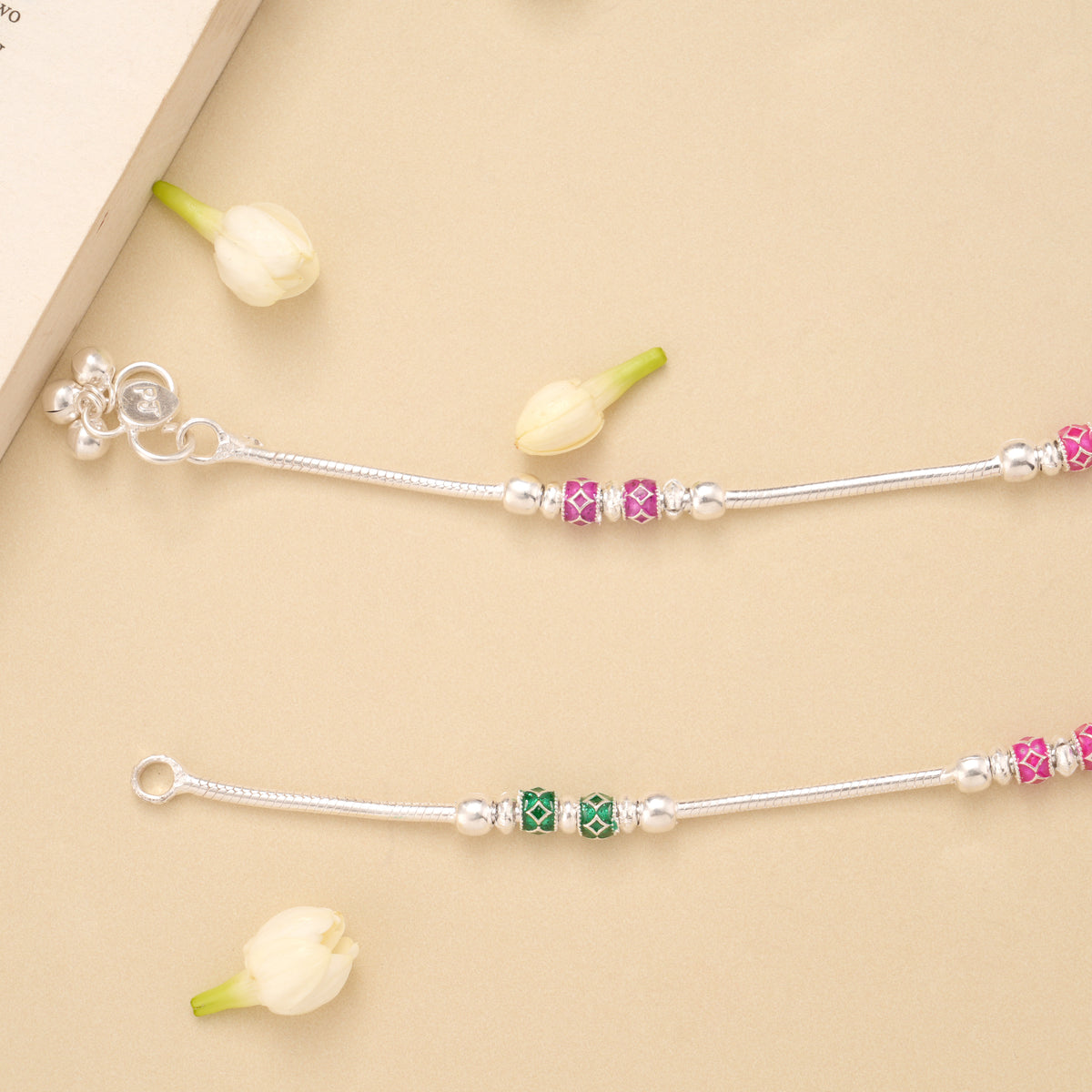Elegant Pink and Green Enamel Beaded Silver Anklet