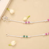 Elegant Pink and Green Enamel Beaded Silver Anklet