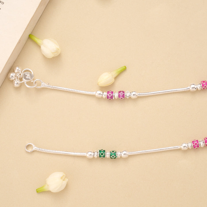 Elegant Pink and Green Enamel Beaded Silver Anklet