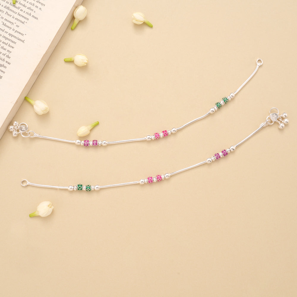 Elegant Pink and Green Enamel Beaded Silver Anklet