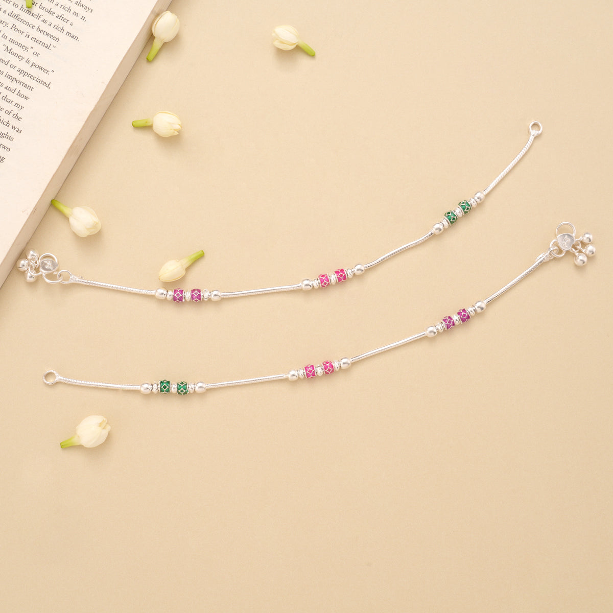 Elegant Pink and Green Enamel Beaded Silver Anklet