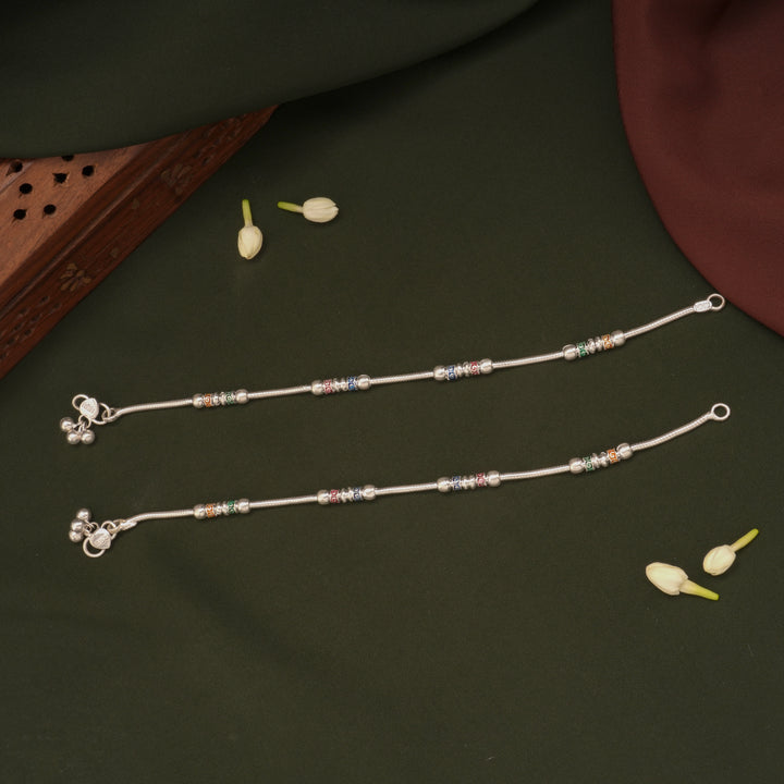 Elegant Multicolour Balls Design Silver Anklets