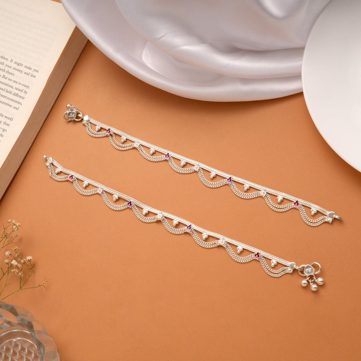 Classic Chain Design Floral Silver Anklets