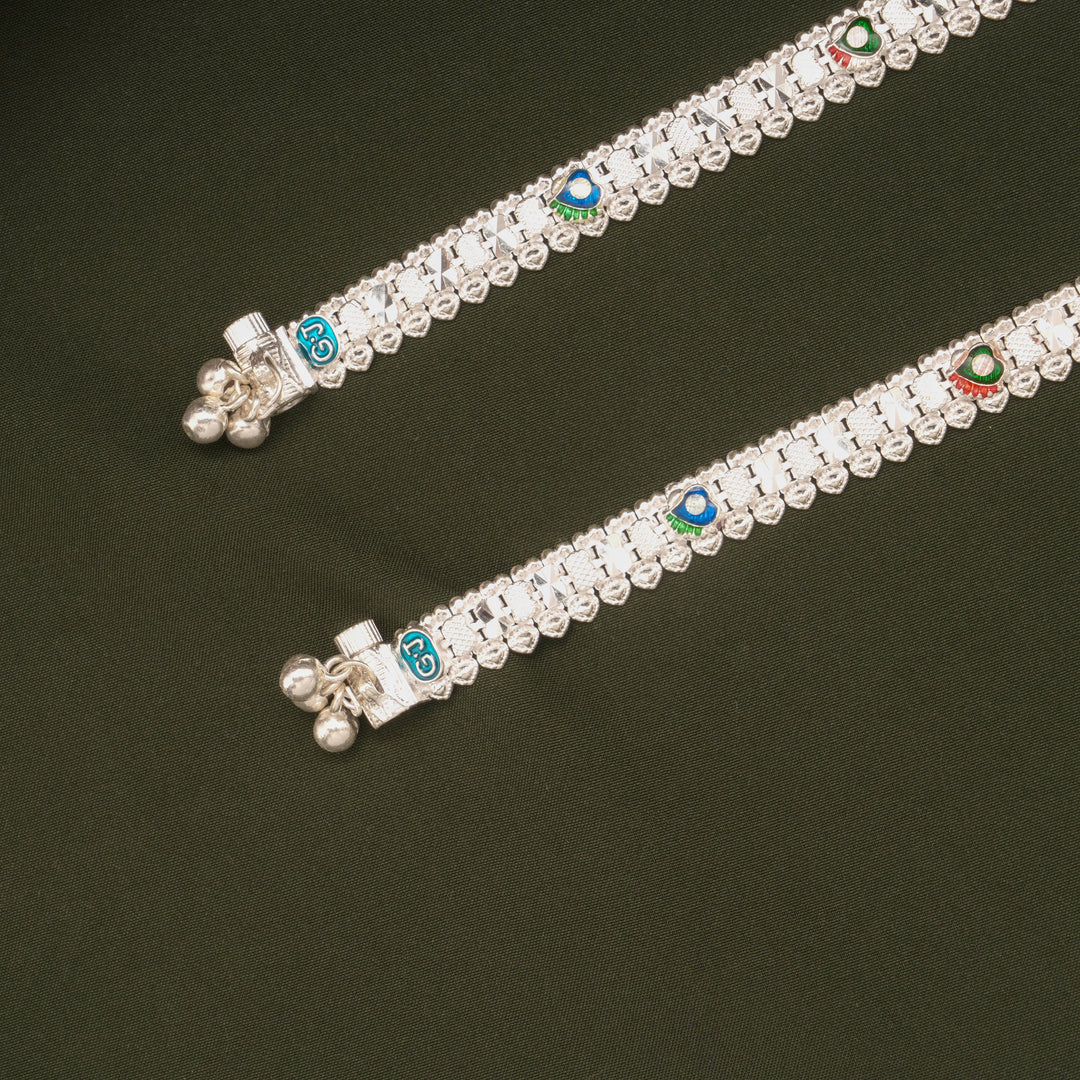 Trendy Multicolour Enamel Heart Design Silver Anklets