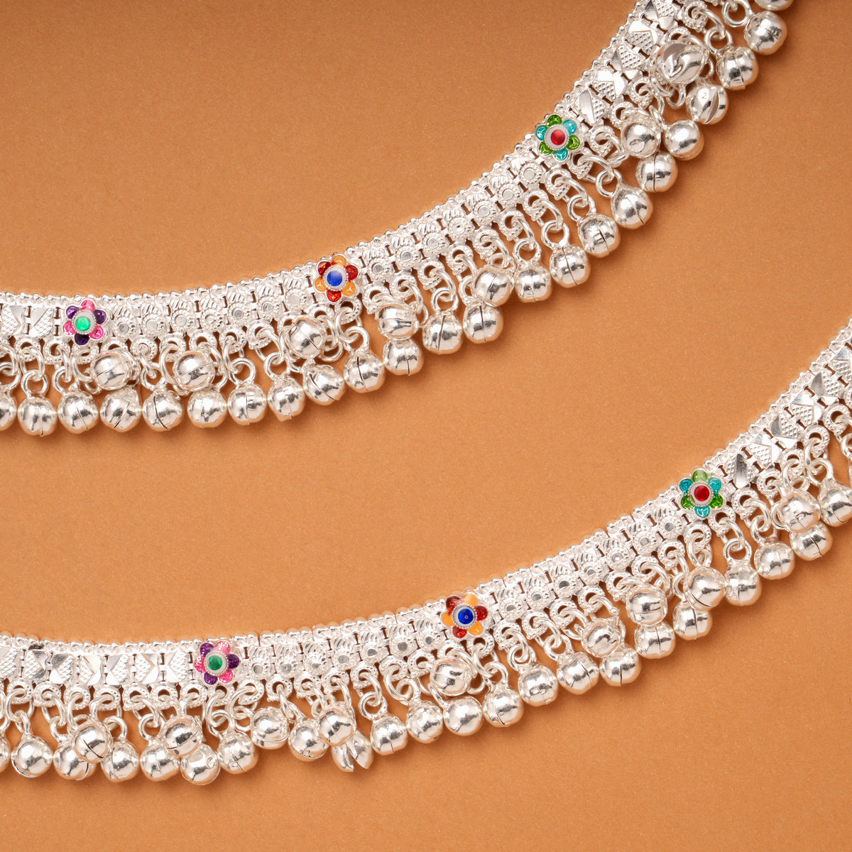 Tri Floral Enamel Pattern Silver Anklets