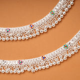 Tri Floral Enamel Pattern Silver Anklets