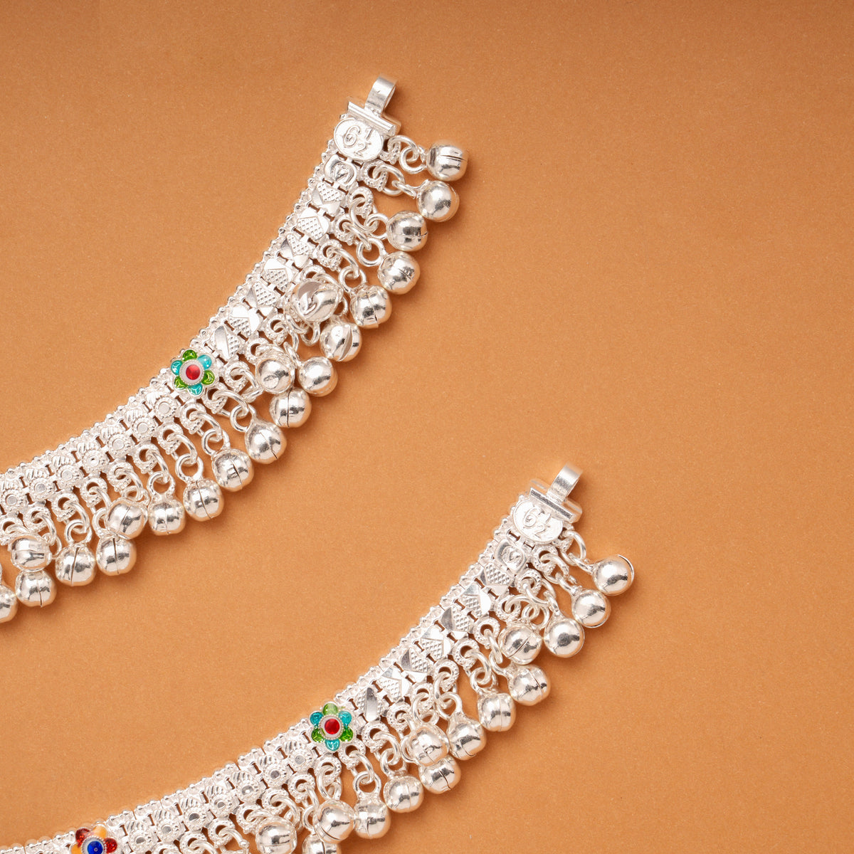 Tri Floral Enamel Pattern Silver Anklets