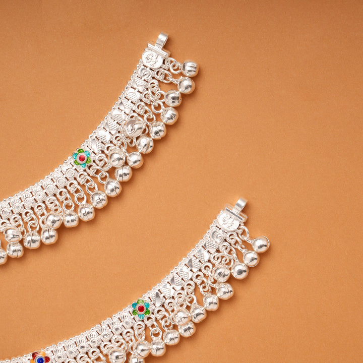 Tri Floral Enamel Pattern Silver Anklets