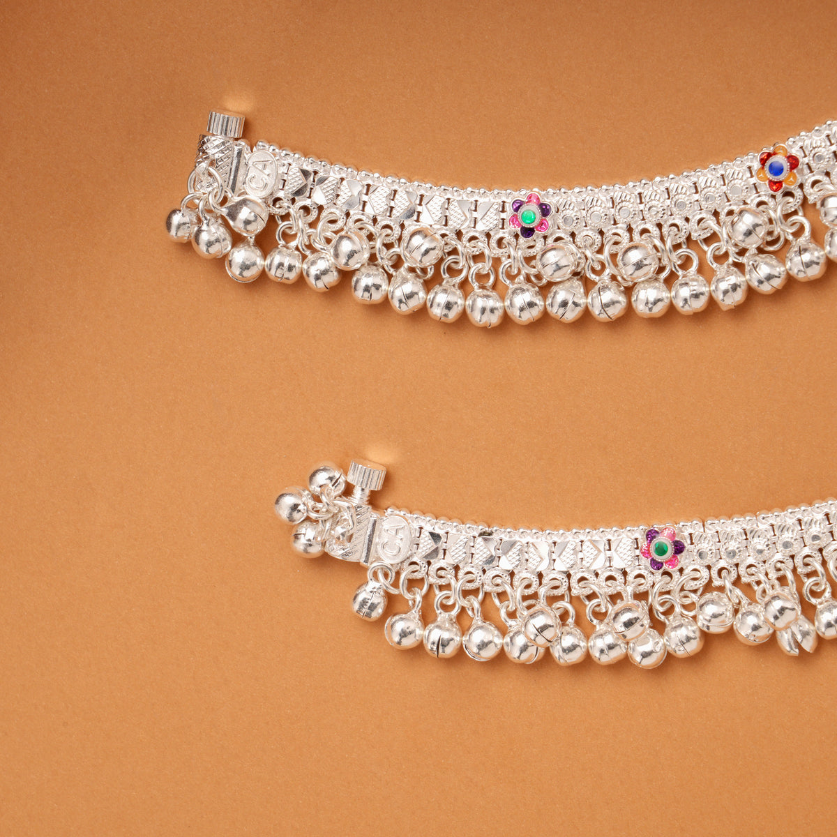 Tri Floral Enamel Pattern Silver Anklets