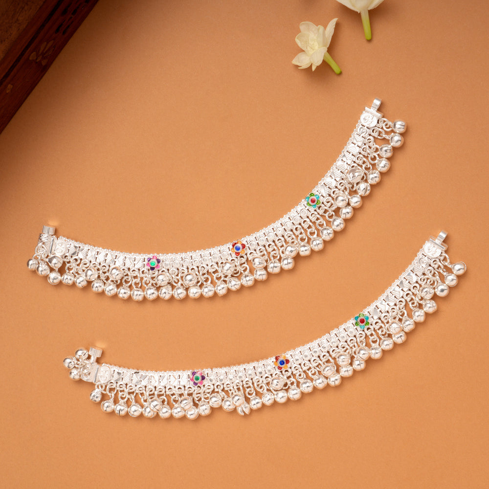 Tri Floral Enamel Pattern Silver Anklets