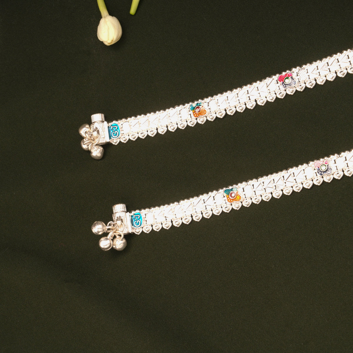 Triple Clover Flower Enamel Design Silver Anklets