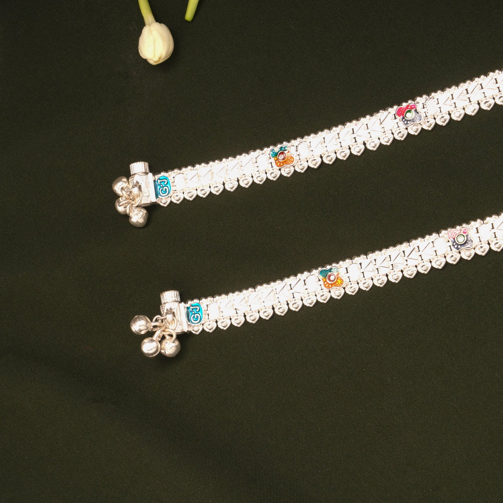 Triple Clover Flower Enamel Design Silver Anklets