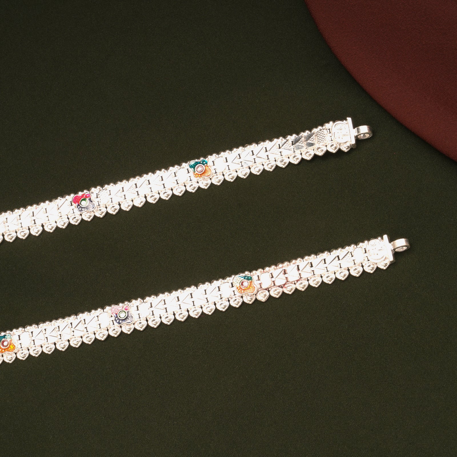Triple Clover Flower Enamel Design Silver Anklets