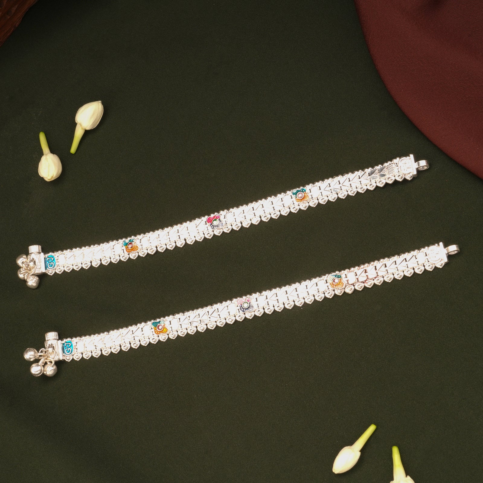 Triple Clover Flower Enamel Design Silver Anklets