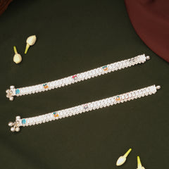 Triple Clover Flower Enamel Design Silver Anklets