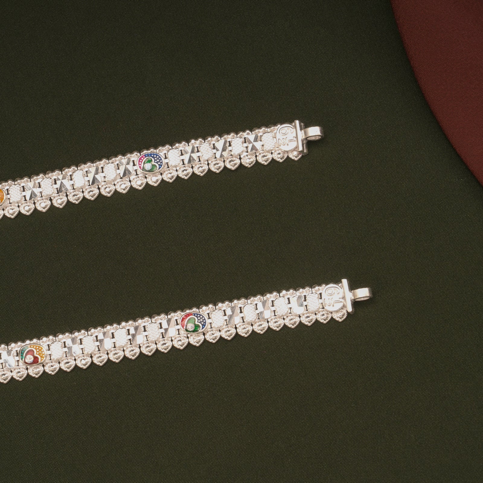 Minimal Multicolour Heart Enamel Silver Anklets