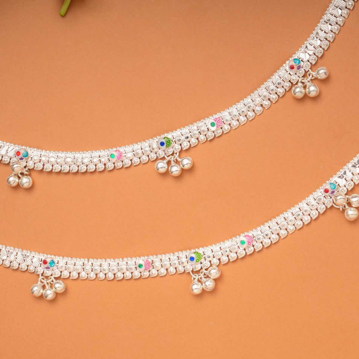 Modern Multi Color Enamel Silver Anklets