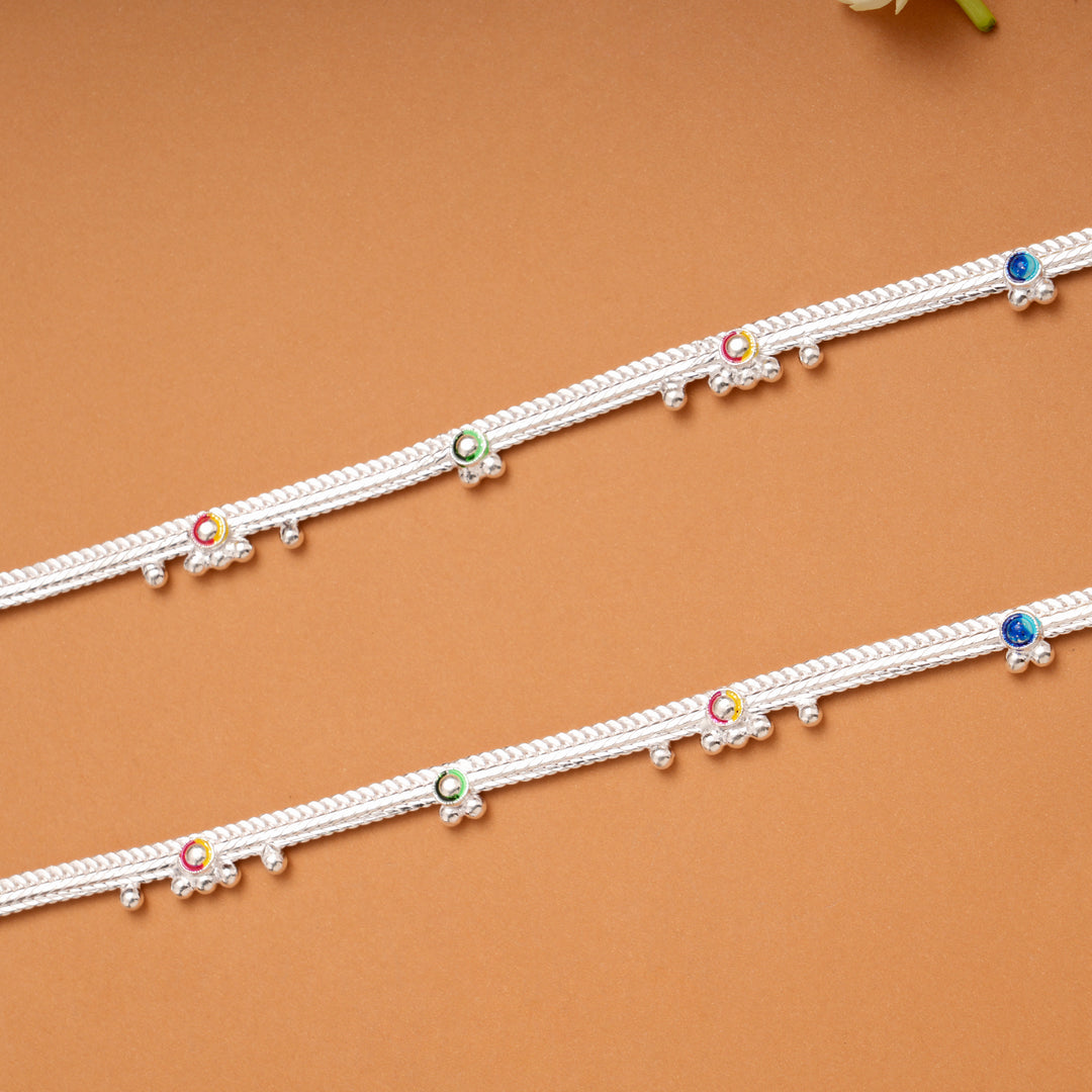 Elegant Enamel Beaded Silver Anklets