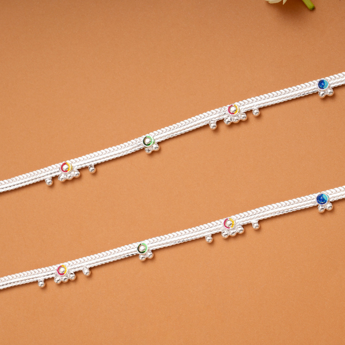 Elegant Enamel Beaded Silver Anklets