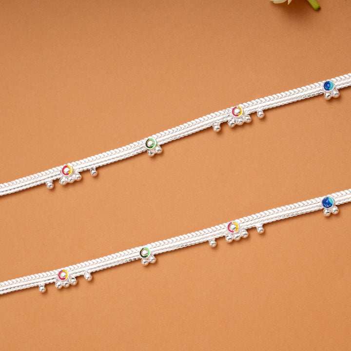 Elegant Enamel Beaded Silver Anklets