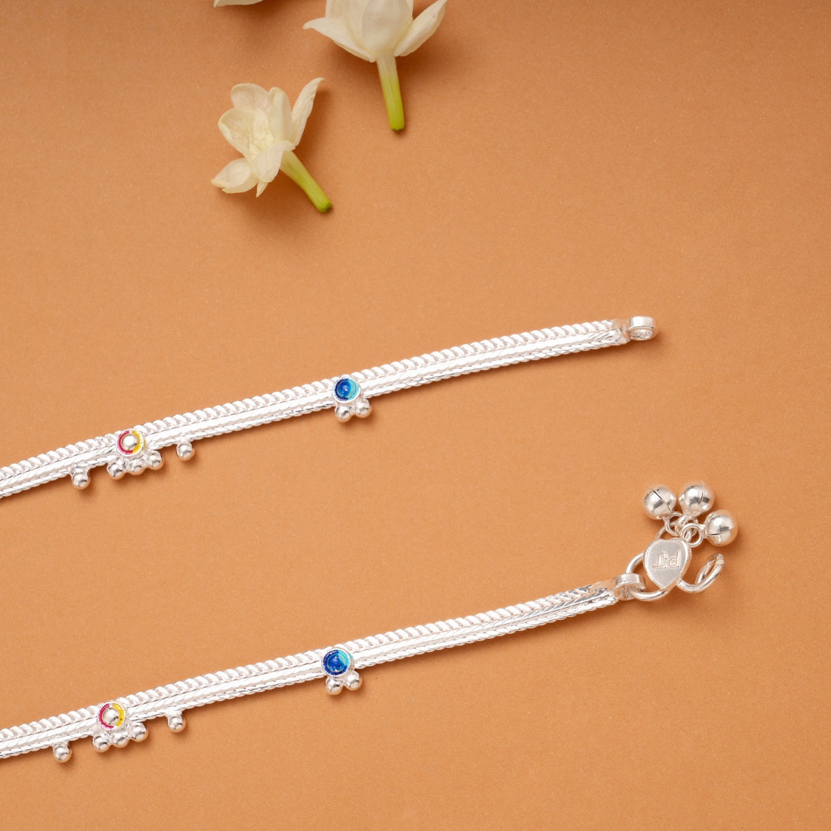 Elegant Enamel Beaded Silver Anklets