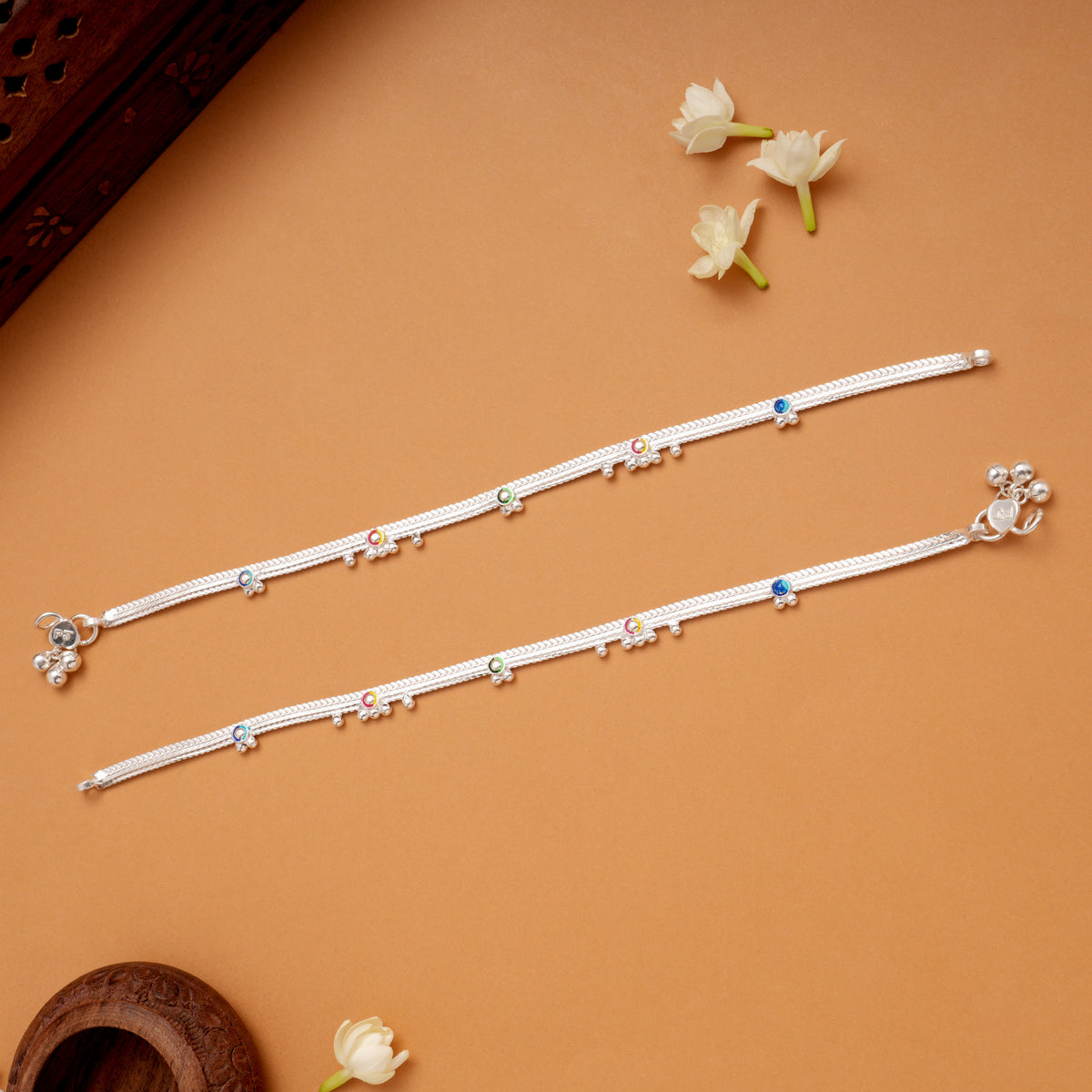 Elegant Enamel Beaded Silver Anklets