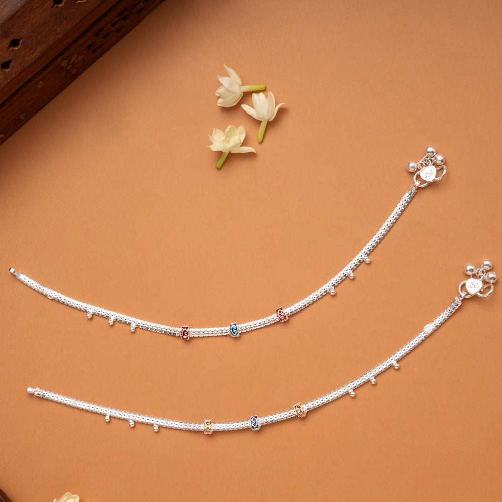 Triple Beaded Enamel Silver Anklets