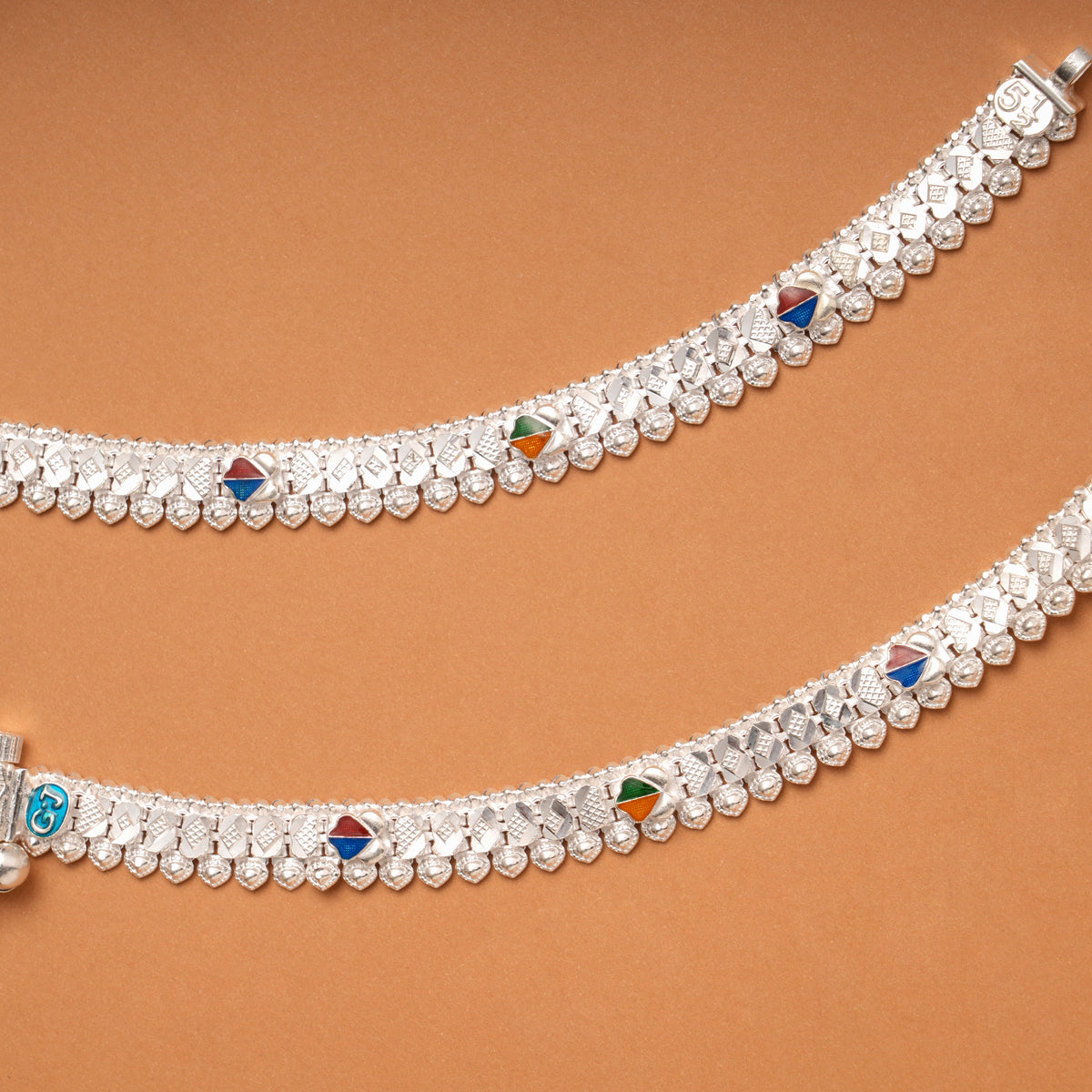 Elegant Heart Design Enamel Silver Anklets