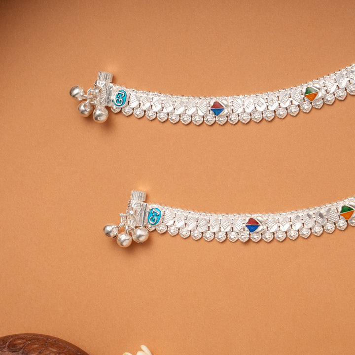 Elegant Heart Design Enamel Silver Anklets