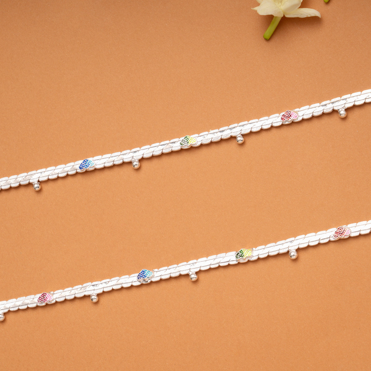 Multi Color Heart Enamel Braided Silver Anklets