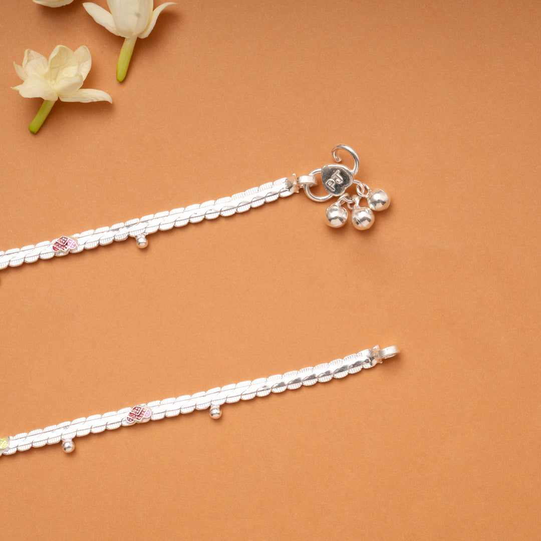 Multi Color Heart Enamel Braided Silver Anklets