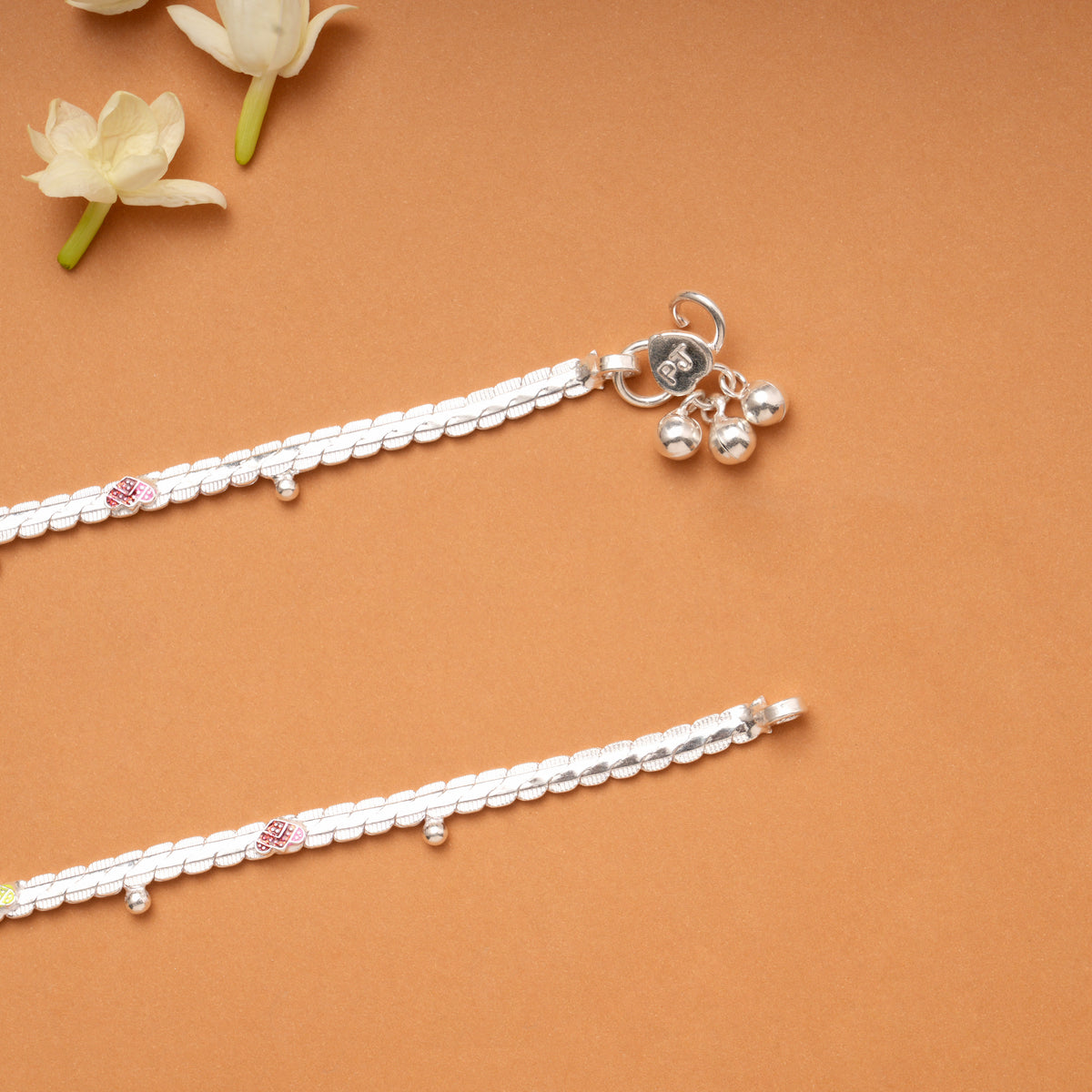 Multi Color Heart Enamel Braided Silver Anklets