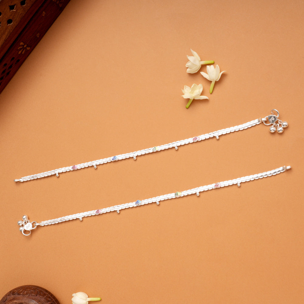 Multi Color Heart Enamel Braided Silver Anklets