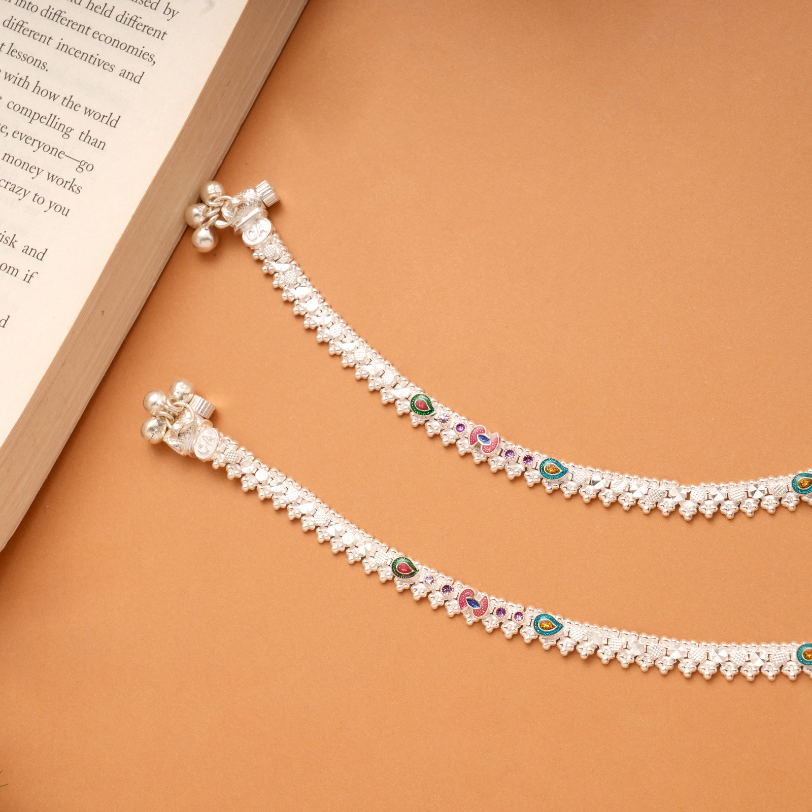 Dangling Bell Charm Heart Enamel Silver Anklets