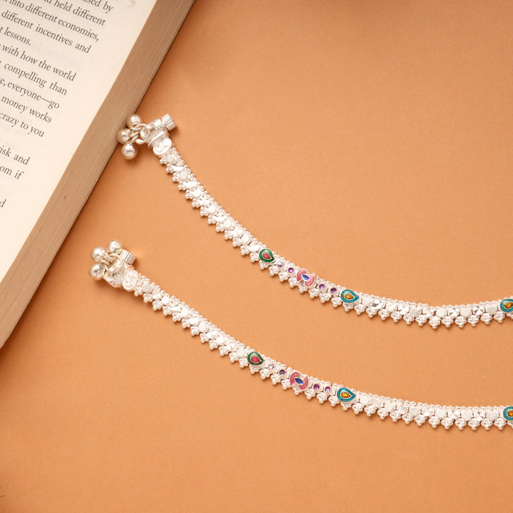 Dangling Bell Charm Heart Enamel Silver Anklets