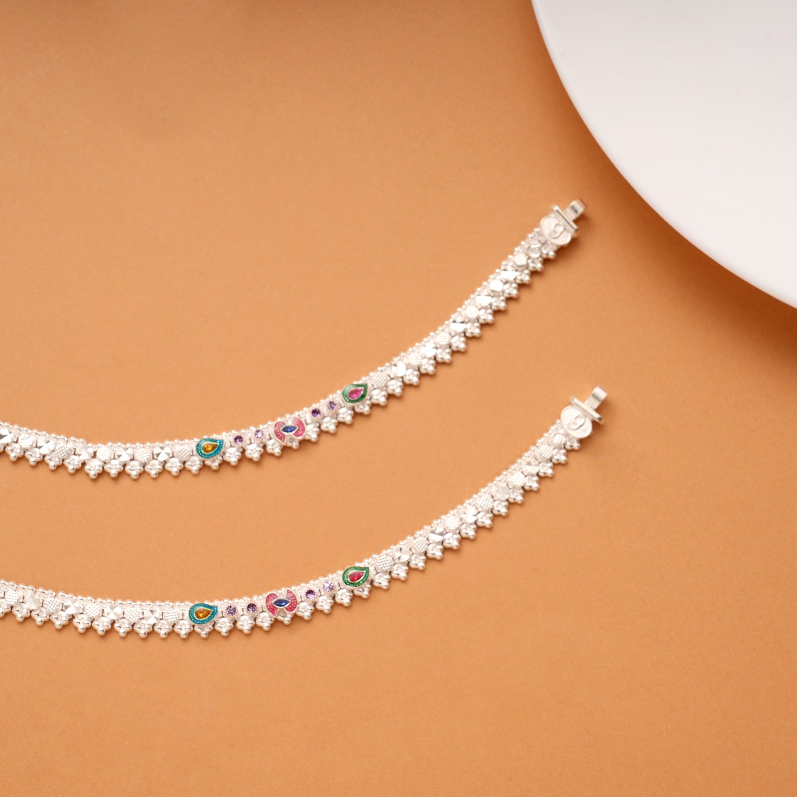Dangling Bell Charm Heart Enamel Silver Anklets