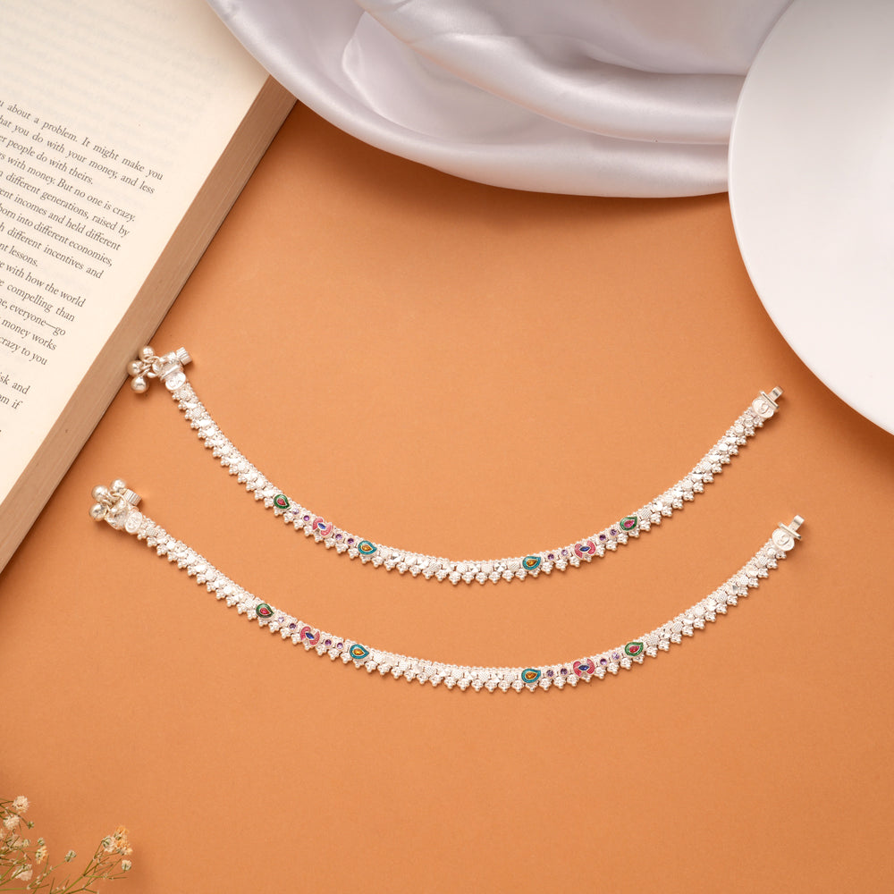 Dangling Bell Charm Heart Enamel Silver Anklets