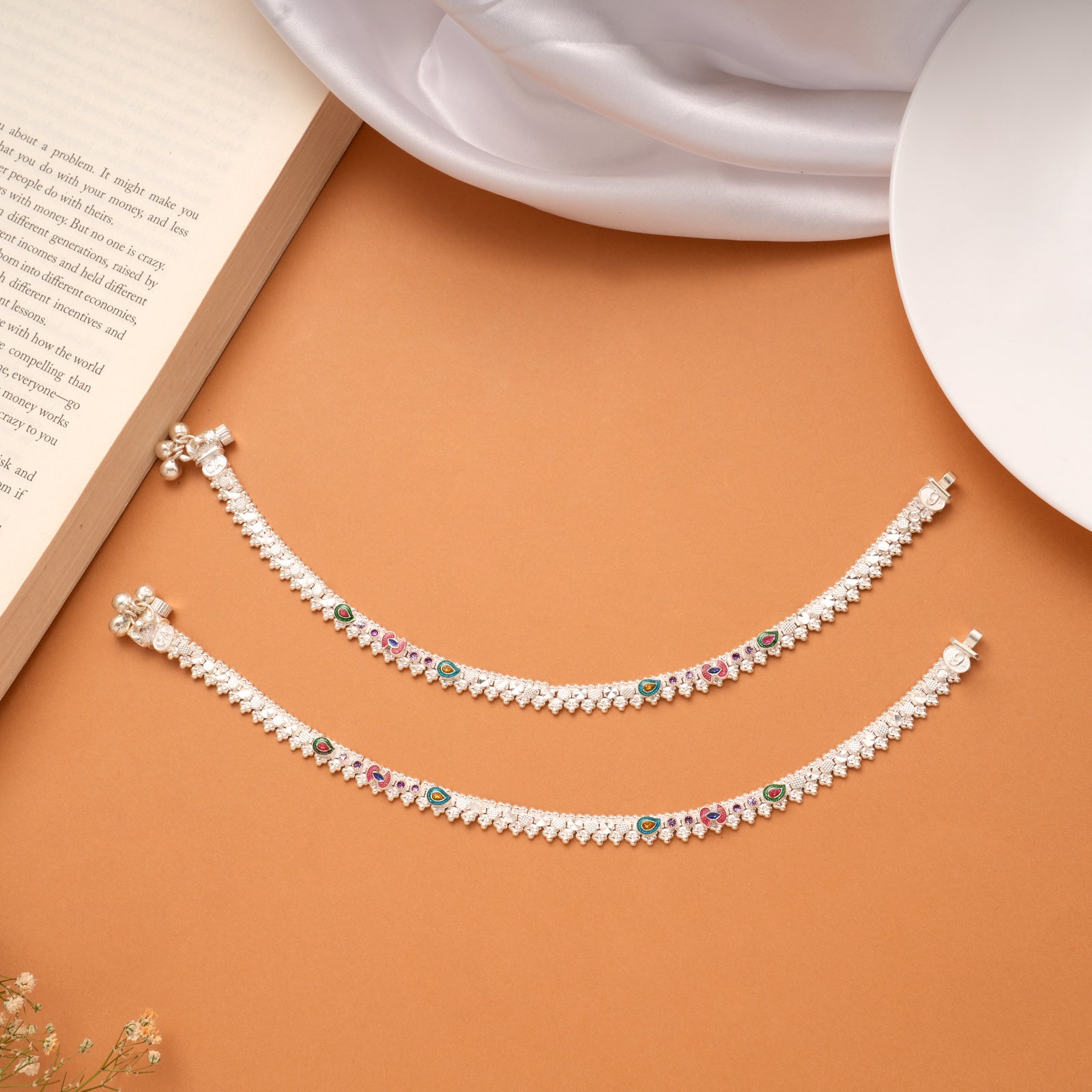 Dangling Bell Charm Heart Enamel Silver Anklets