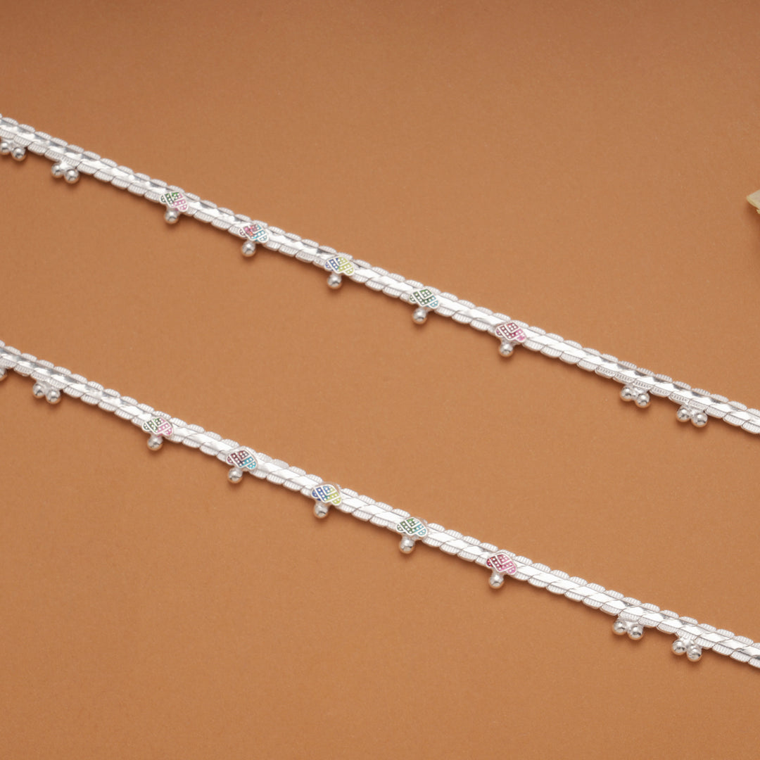 Multi Color Heart Enamel Linear Silver Anklets