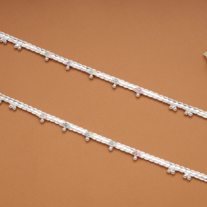 Multi Color Heart Enamel Linear Silver Anklets