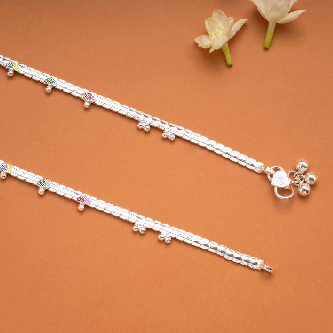 Multi Color Heart Enamel Linear Silver Anklets