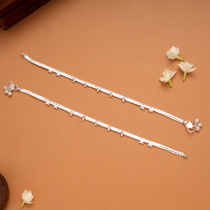 Multi Color Heart Enamel Linear Silver Anklets