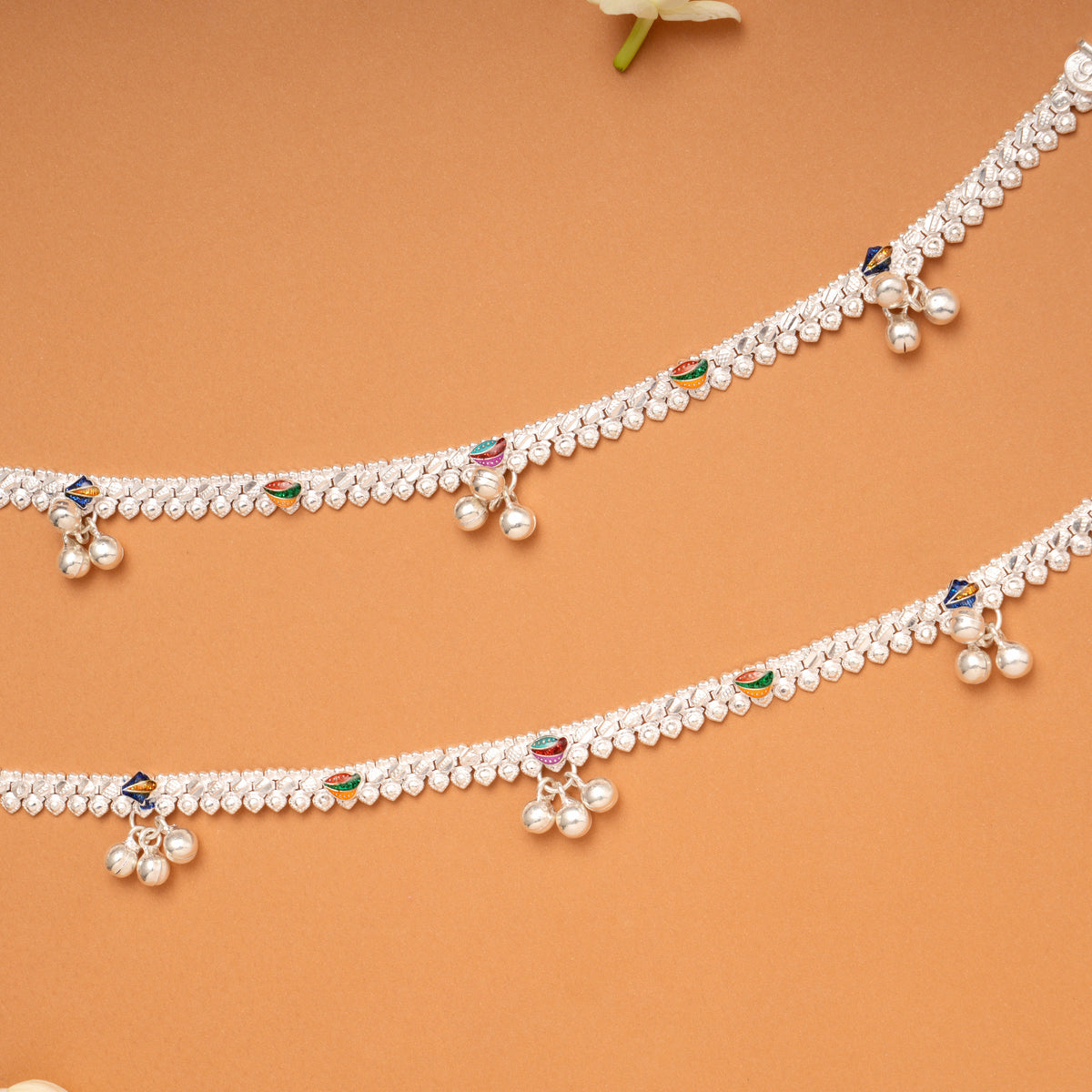 Colourful Floral Bell Drop Silver Anklets