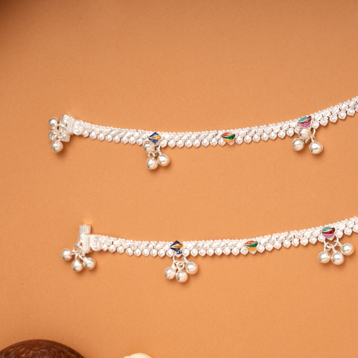 Colourful Floral Bell Drop Silver Anklets