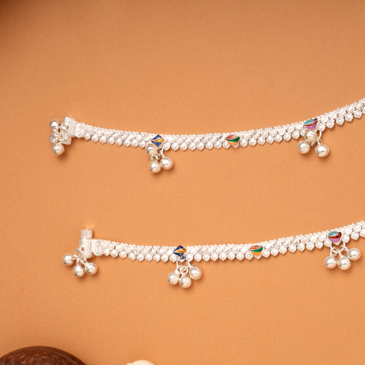 Colourful Floral Bell Drop Silver Anklets